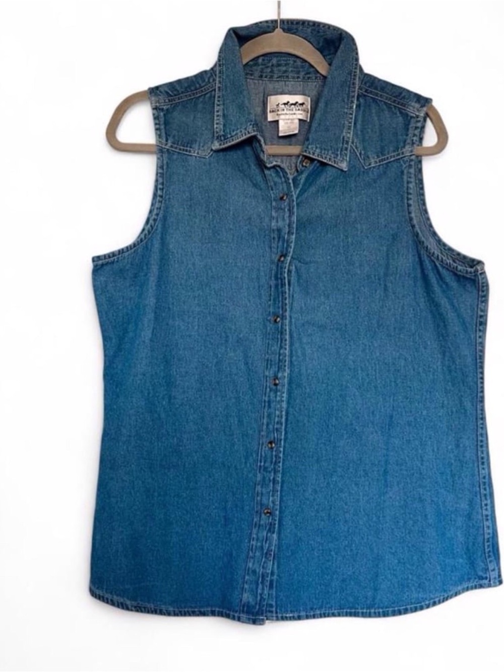 Back in the Saddle Sleeveless Denim Button-Front Shirt - Medium Blue